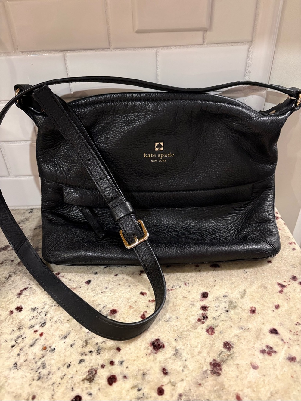 kate spade Black Pebbled Leather Shoulder Bag with Gold Logo